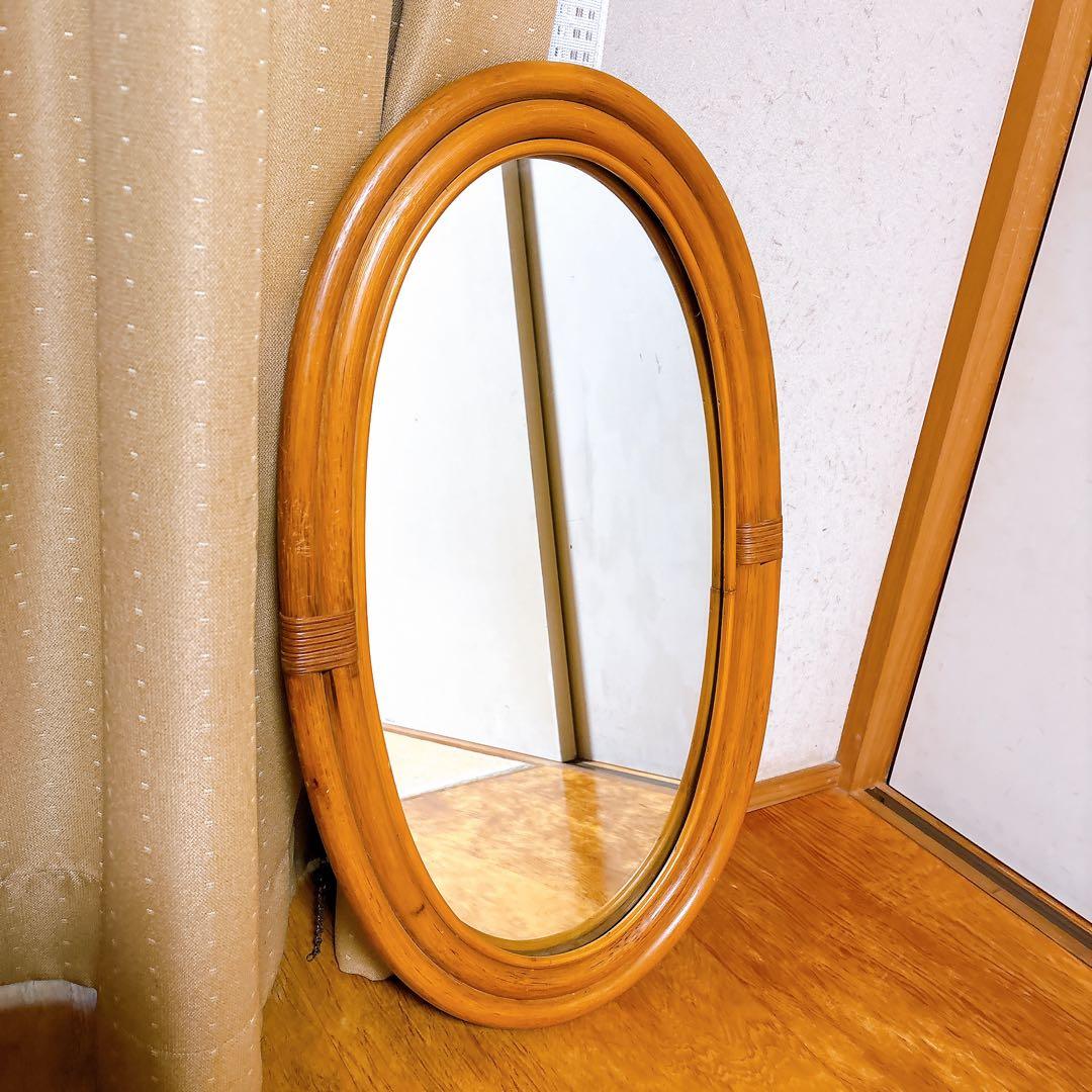 希少　ヴィンテージ　ラタン　オーバル　ウォールミラー 壁掛け鏡 鏡　楕円