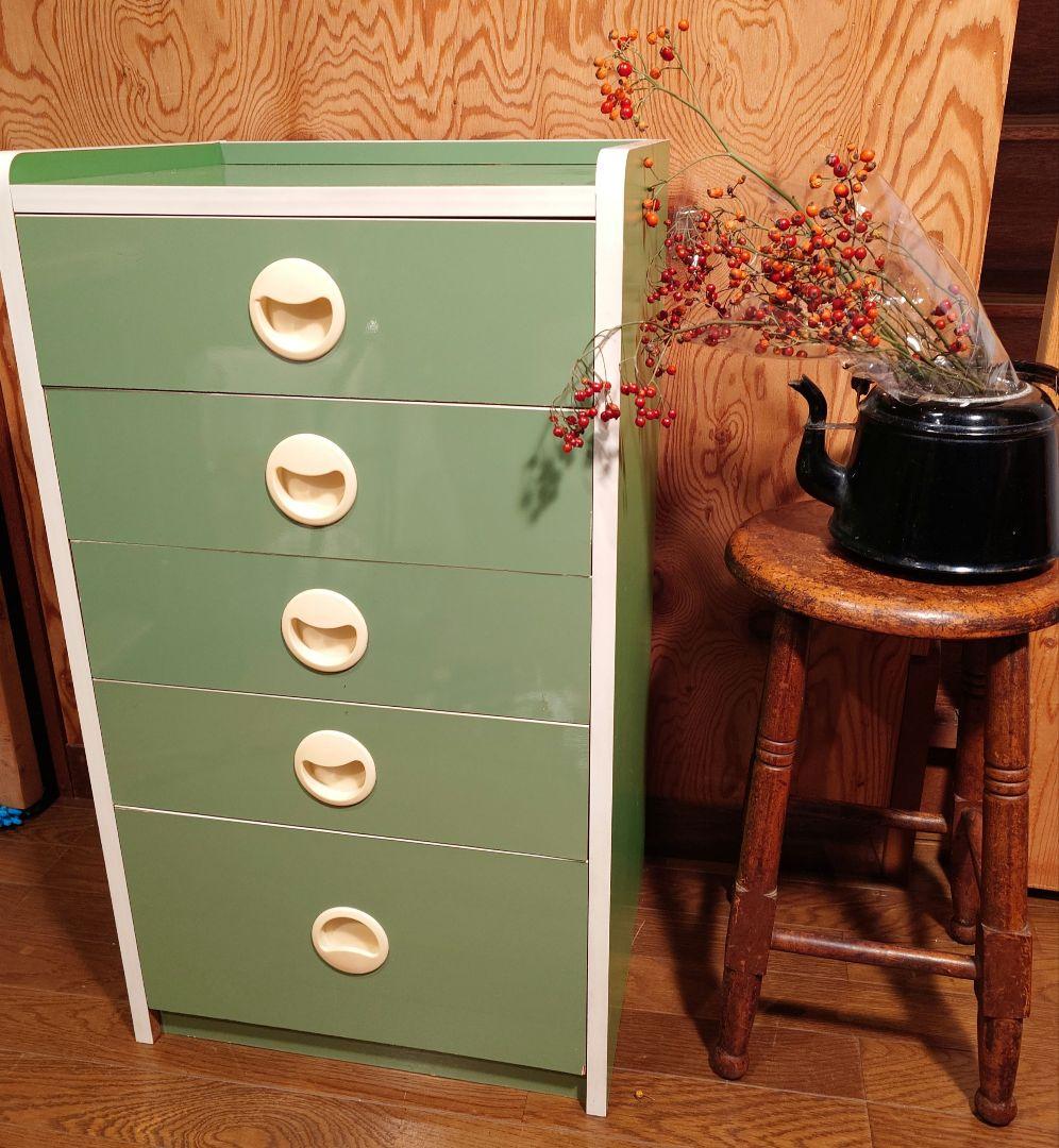 レトロポップ　グリーン　木製チェスト 　5段
