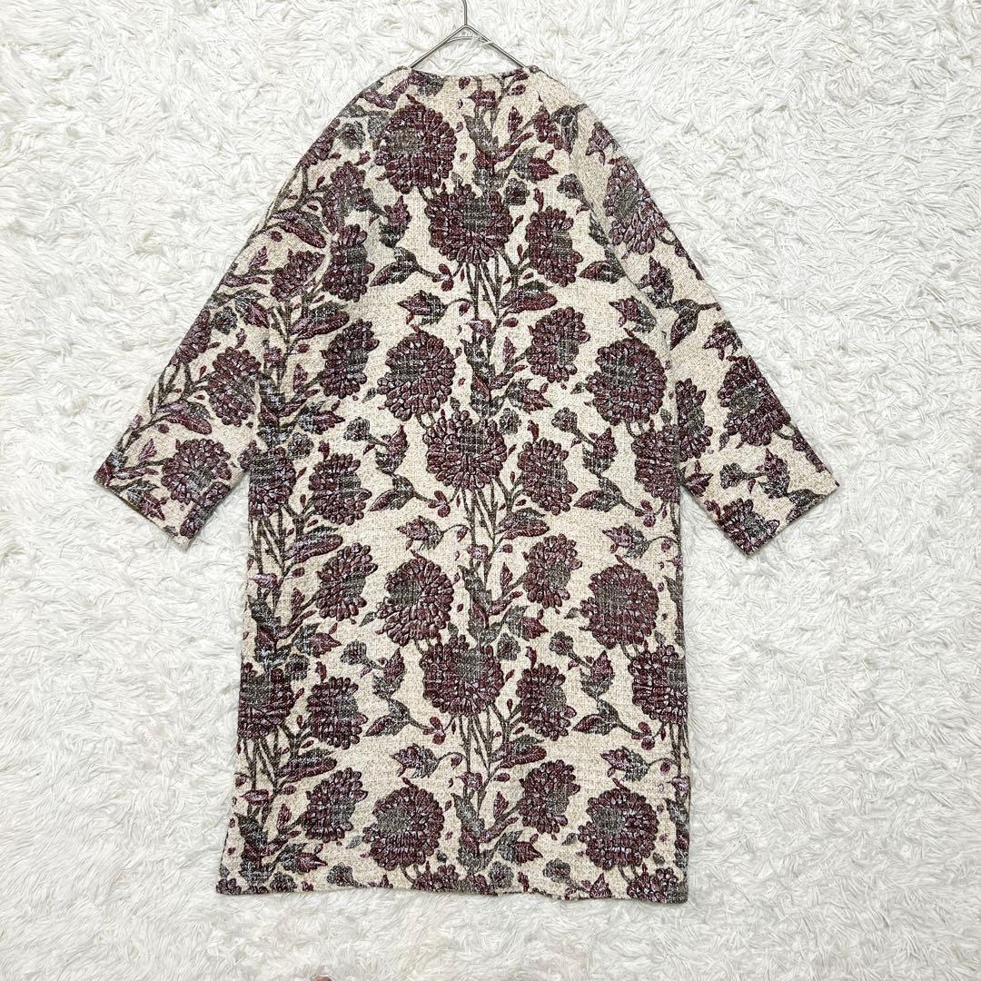 美品✨ビアズリー ジャガード ツイードコート 花柄 ノーカラー