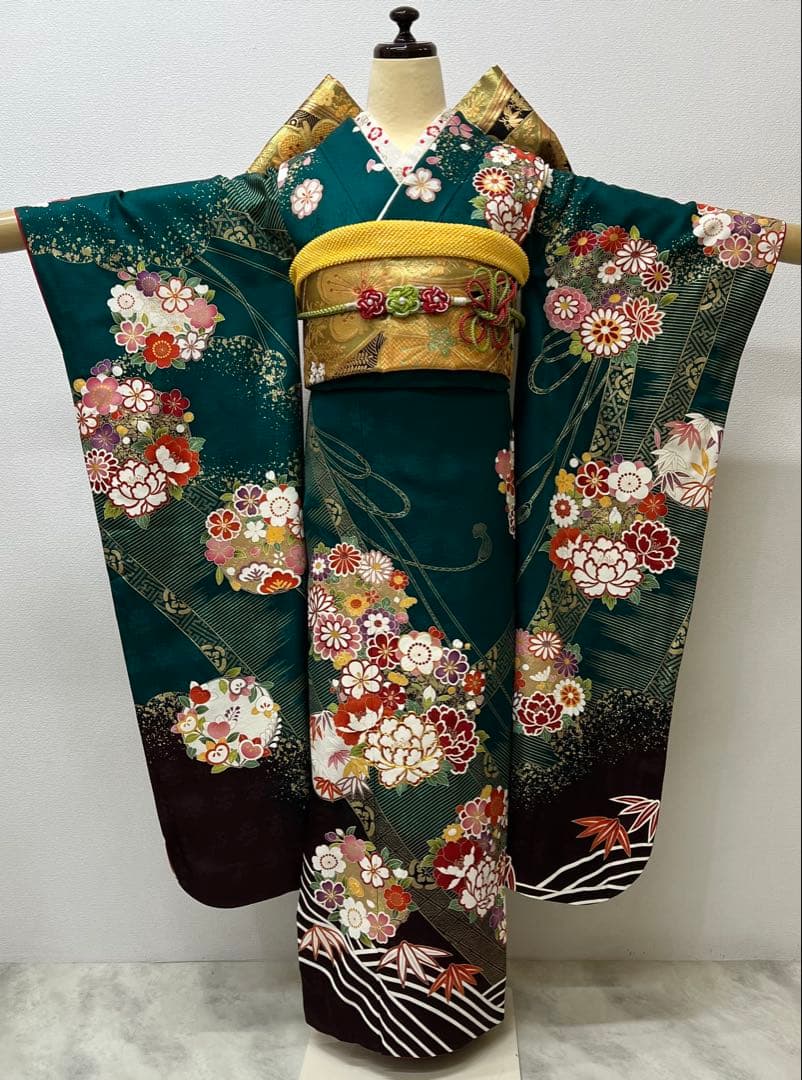 振り袖　フルセット　長襦袢付　成人式　グリーン　金彩加工　刺繍入り　744