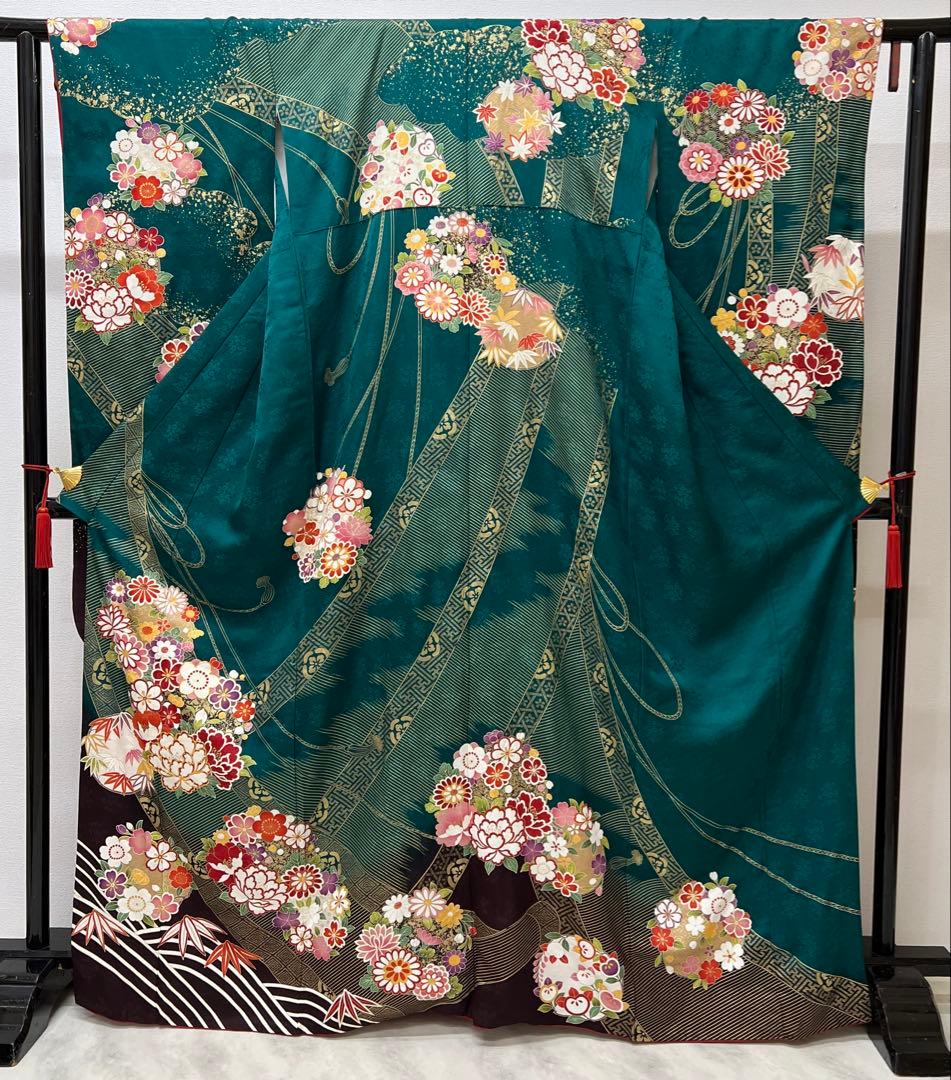 振り袖　フルセット　長襦袢付　成人式　グリーン　金彩加工　刺繍入り　744