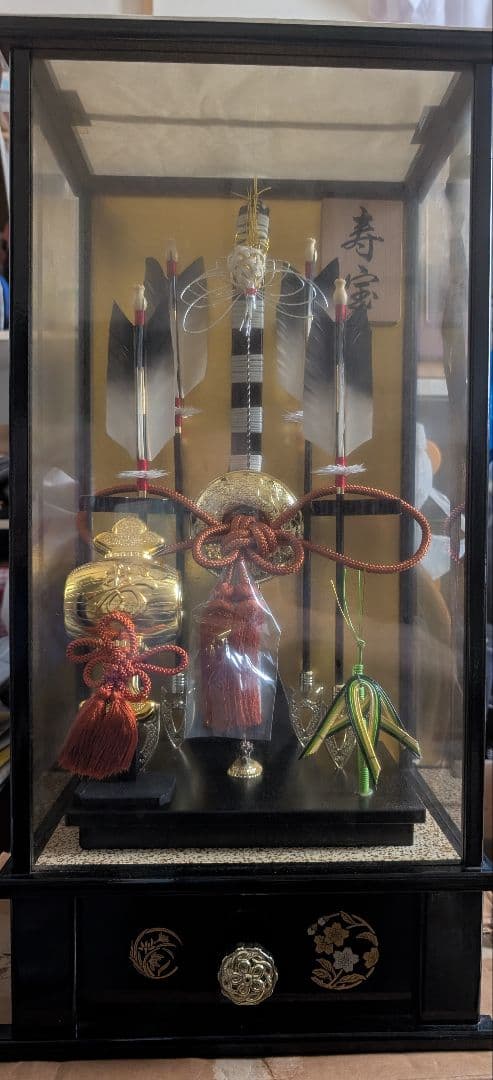 御正月飾(弓矢、小槌) オルゴール内蔵ガラスケース