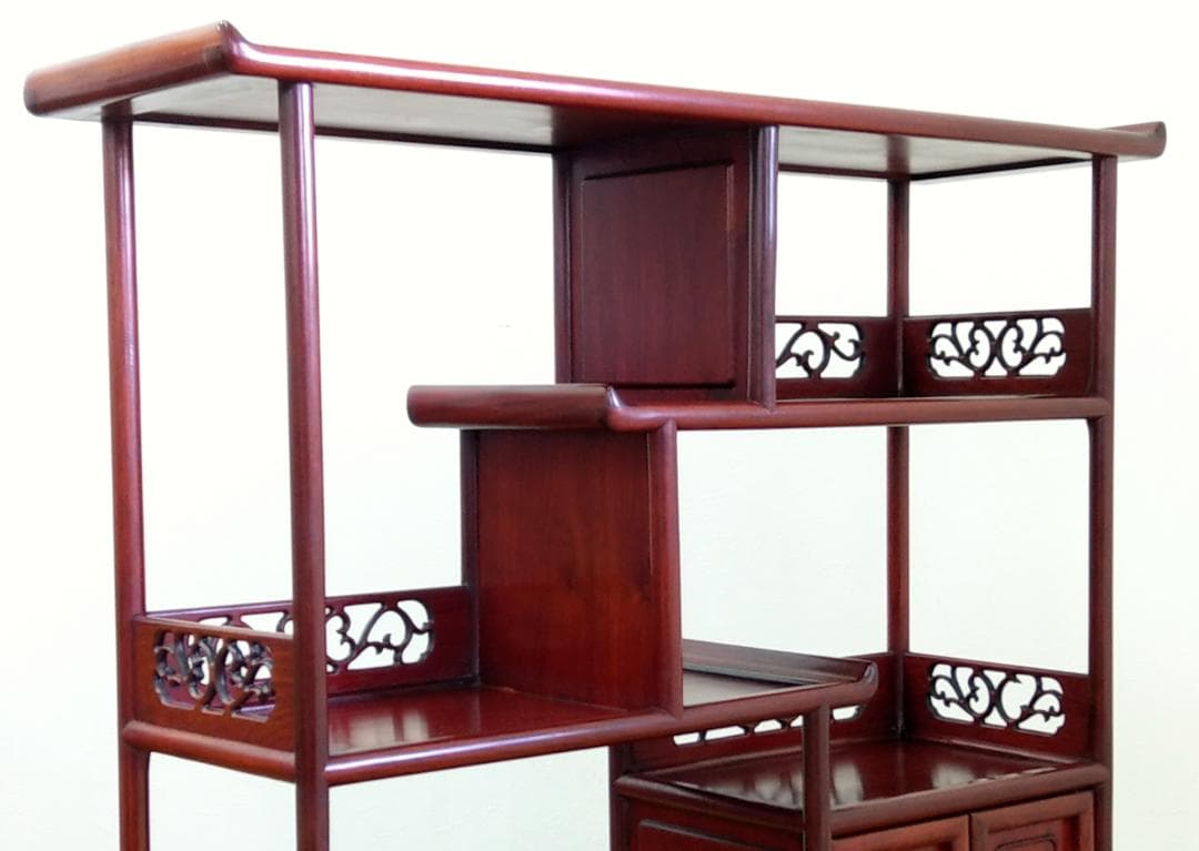 木製 唐木 花梨 彫刻 透かし彫り 茶箪笥 違い棚 飾り棚 茶棚 煎茶棚 収納棚