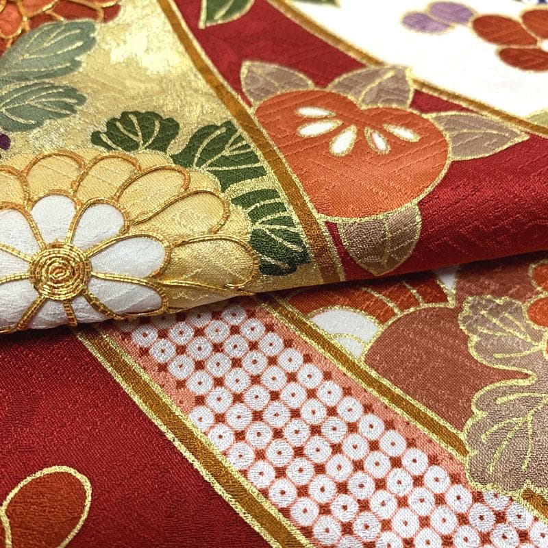 506z6〇京都きもの友禅 高身長な方 振袖 地紋 金彩 金駒刺繍 赤〇成人式