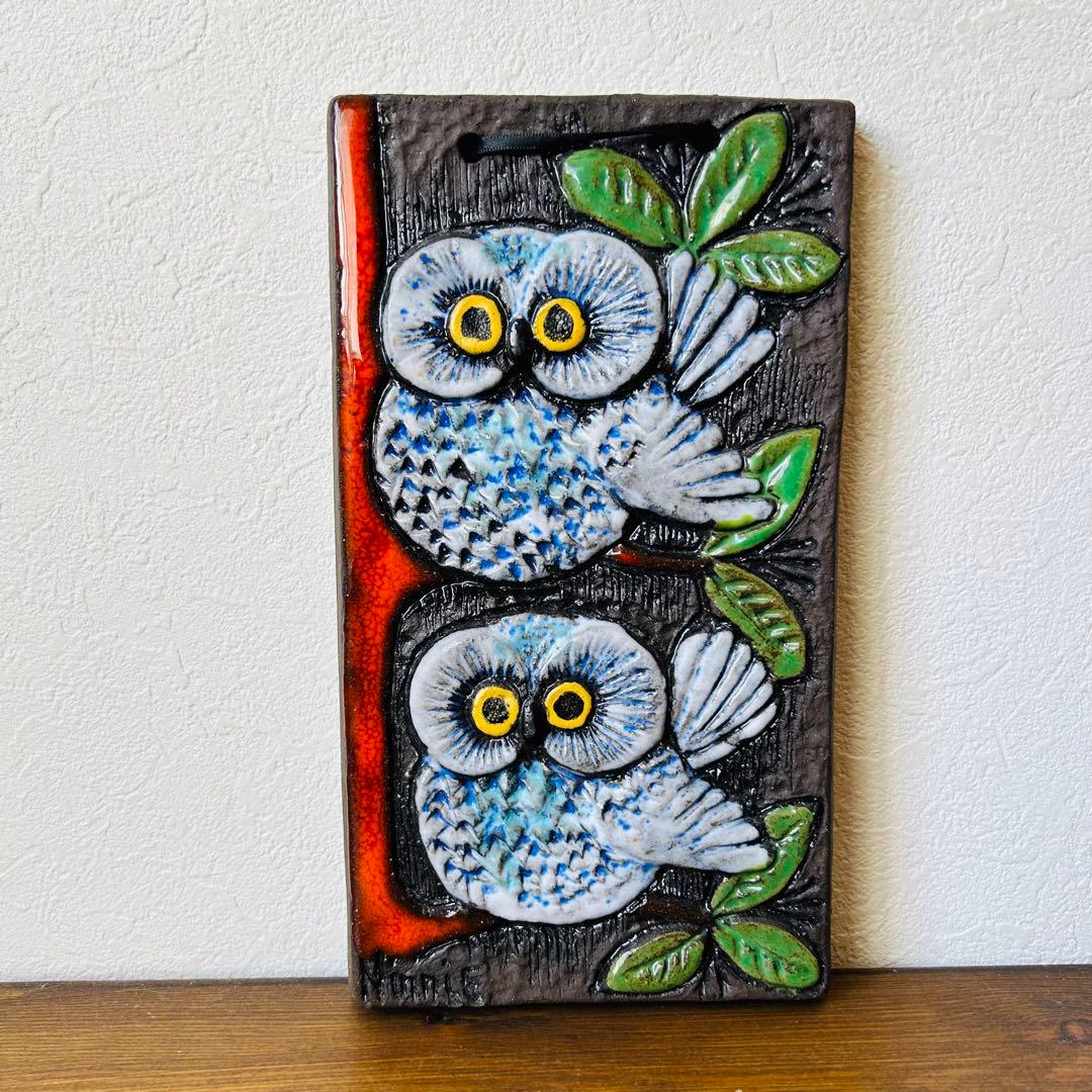 ニニー・フォースグレン 2羽の白いフクロウの陶板 23cm 1960年代