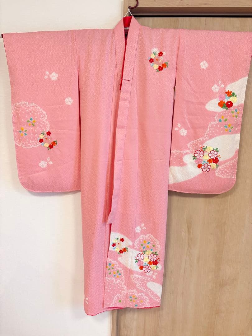 未使用 七五三 7歳 正絹着物単品 絞り 刺繍 日本製 ピンクM2505272