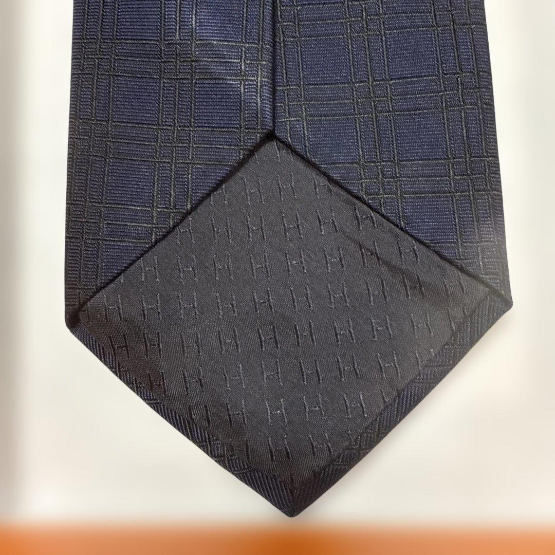 エルメス　ネクタイ　紺　チェック柄　シルクジャガード
