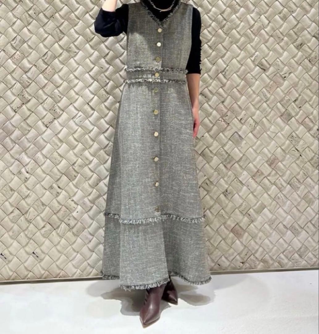 ノンウールツイードフリンジフレアワンピース