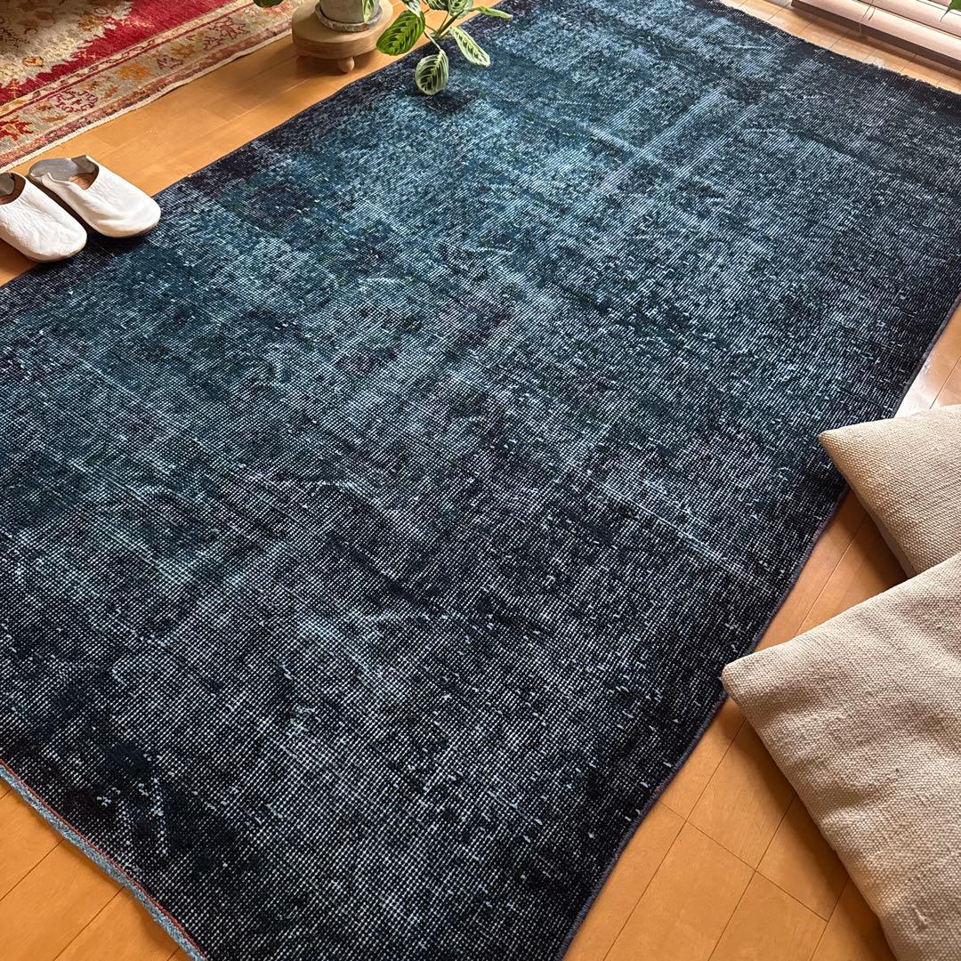 貴重110×198 デニムブルー藍色オーバーダイ　トルコヴィンテージラグ