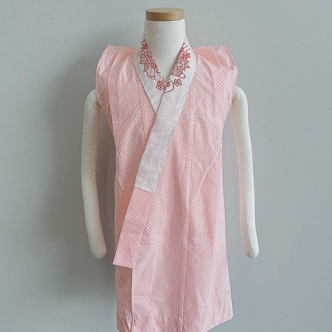 セット　七五三　３歳女の子　長着＆被布＆袖なし長襦袢＆小物　ピンク×白×赤花籠