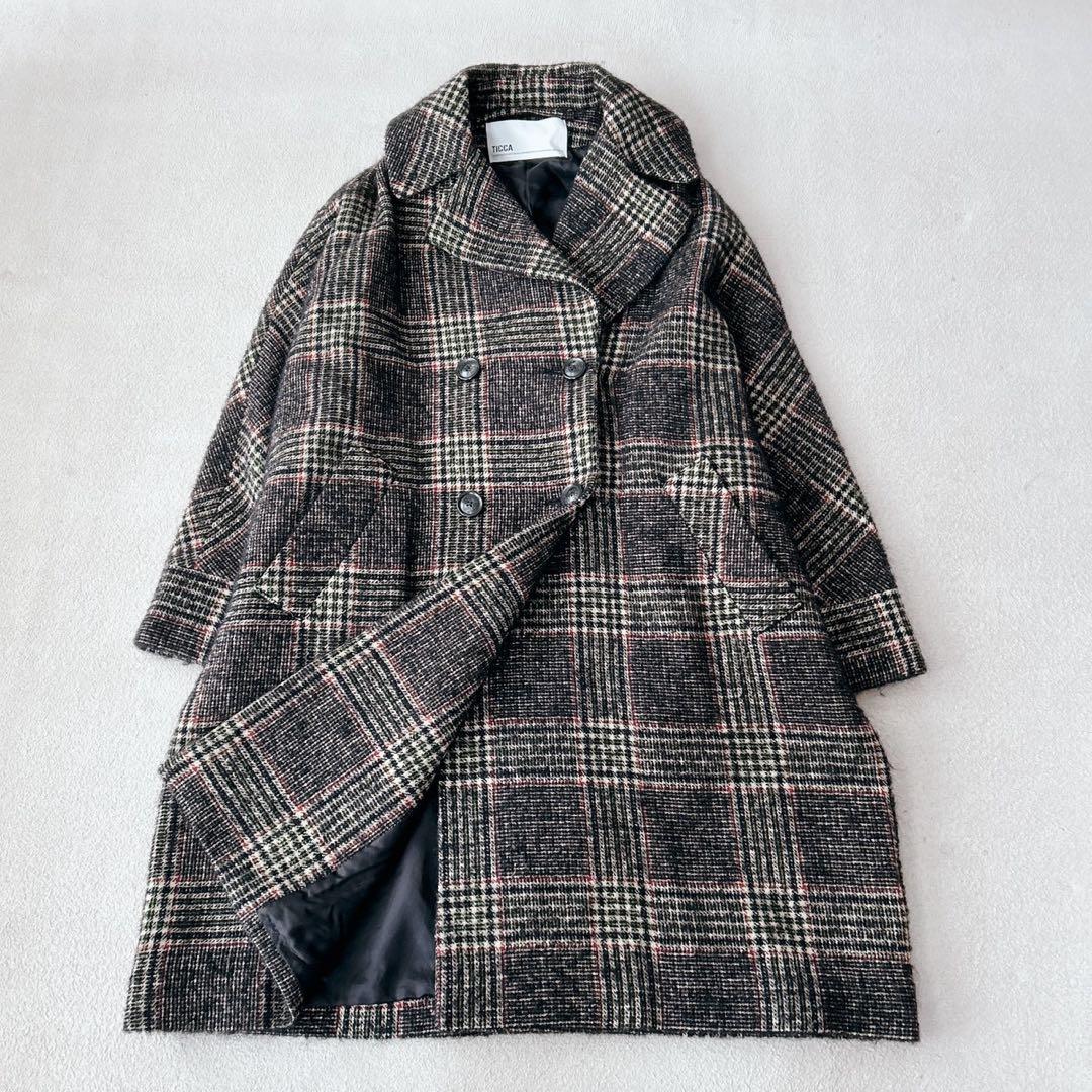 別注✨ TICCA チェックテントコート　ロング　ダブルブレスト　モヘヤアルパカ