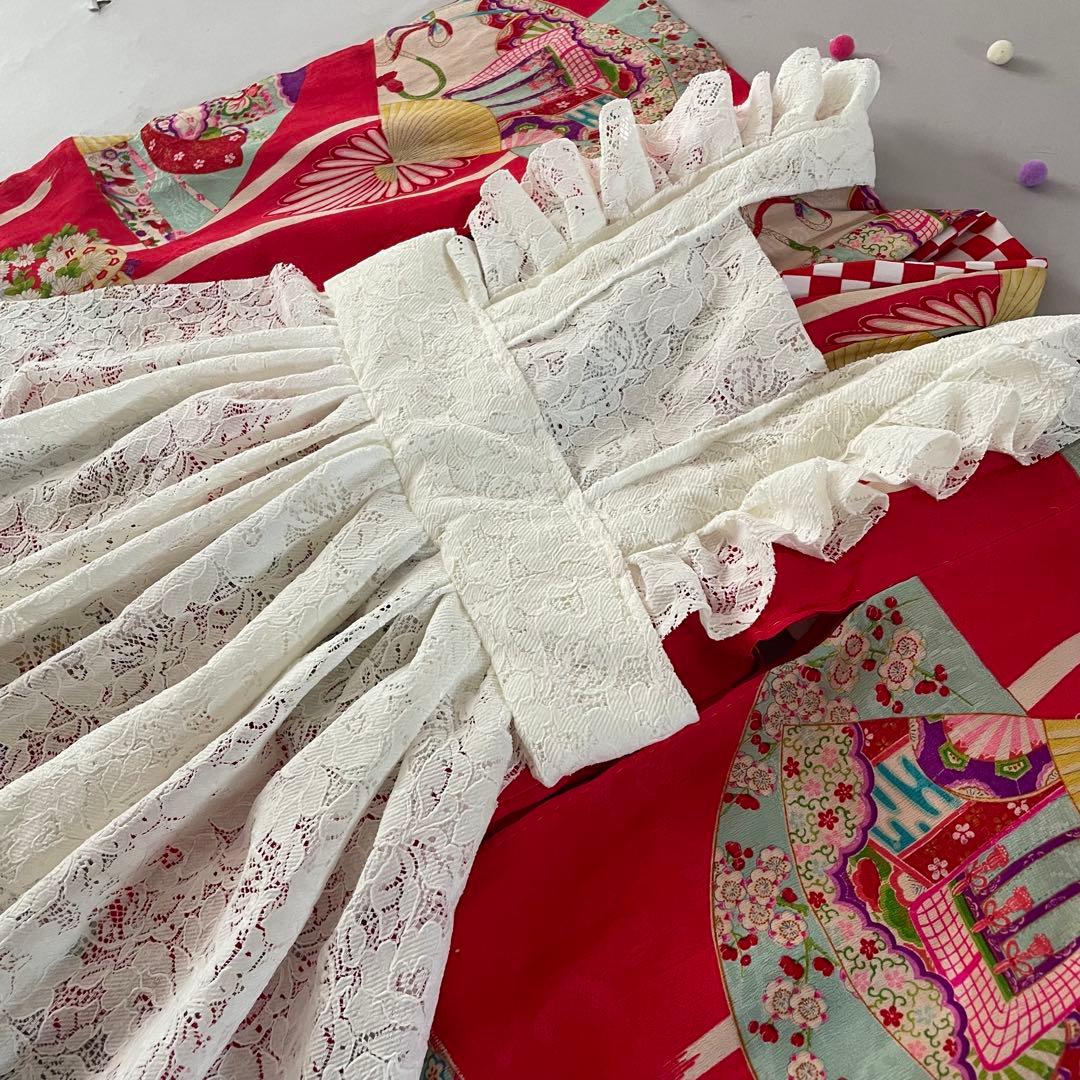 七五三　2歳〜３歳　アンティークお着物　レースの被布エプロンコーデ　ビーズバッグ