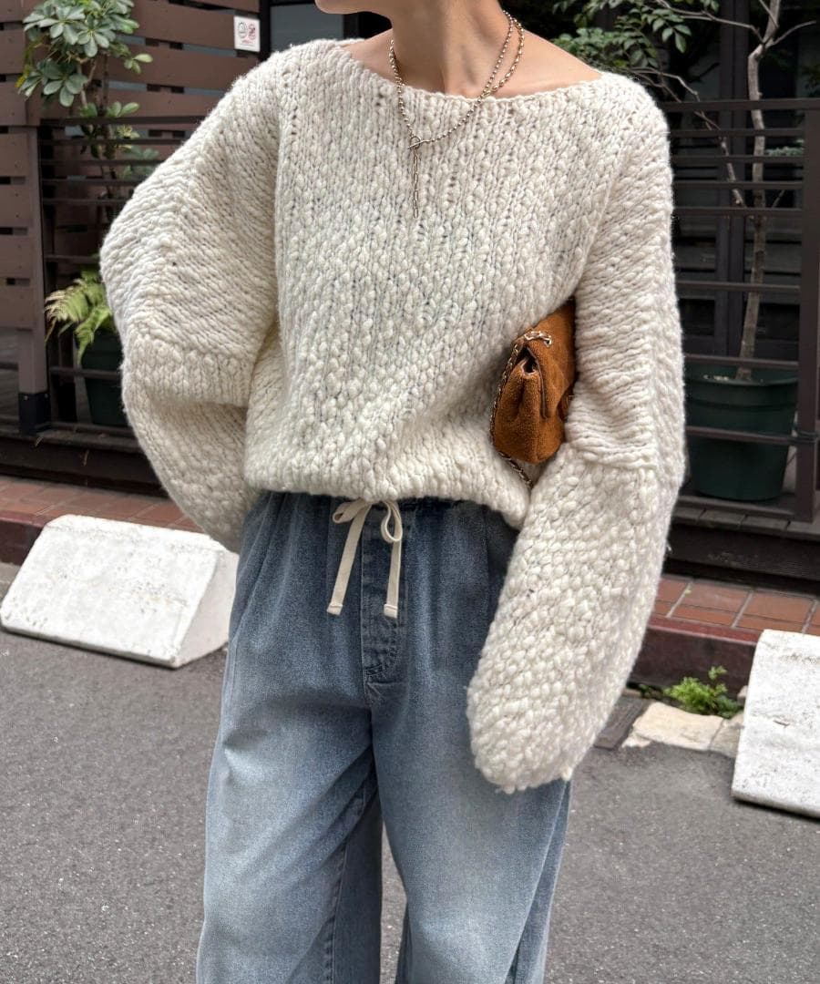 新品 入手困難 DOUDOU ウールスラブロービングニット オフホワイト