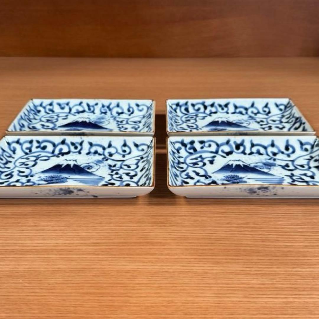 有田焼 福泉窯 染付蛸唐草富士山文 小焼物皿 4枚セット☆