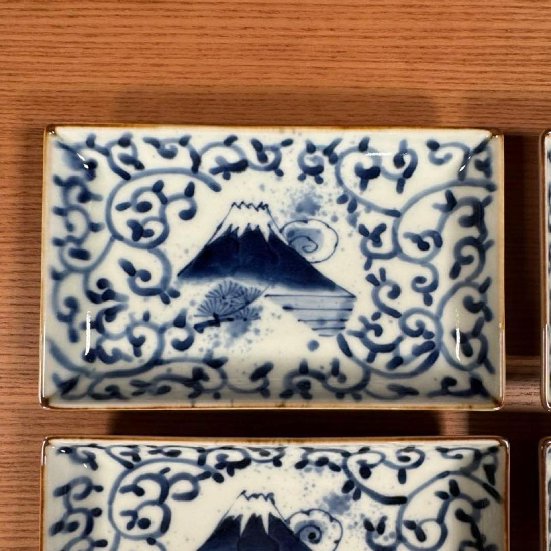 有田焼 福泉窯 染付蛸唐草富士山文 小焼物皿 4枚セット☆