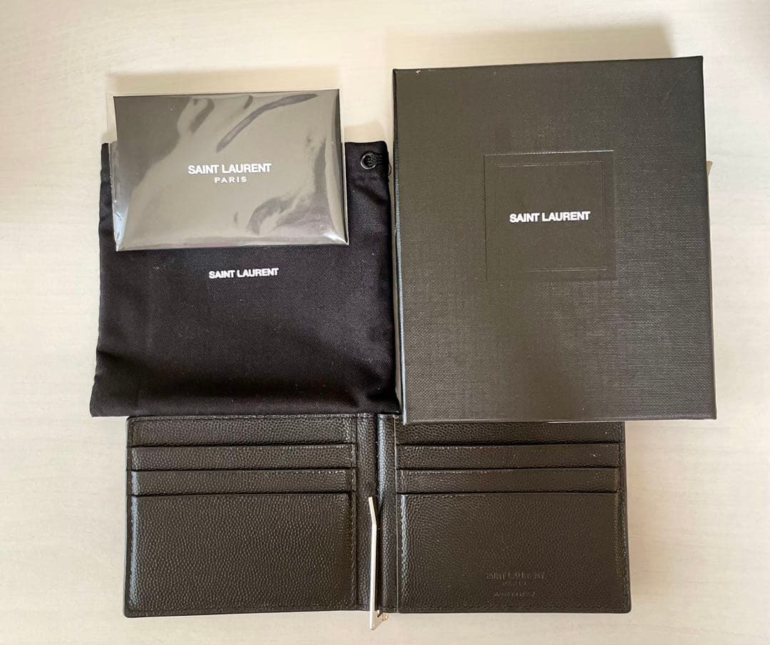 サンローラン 二つ折り財布 マネークリップ キャビアスキン メンズ 黒 箱あり