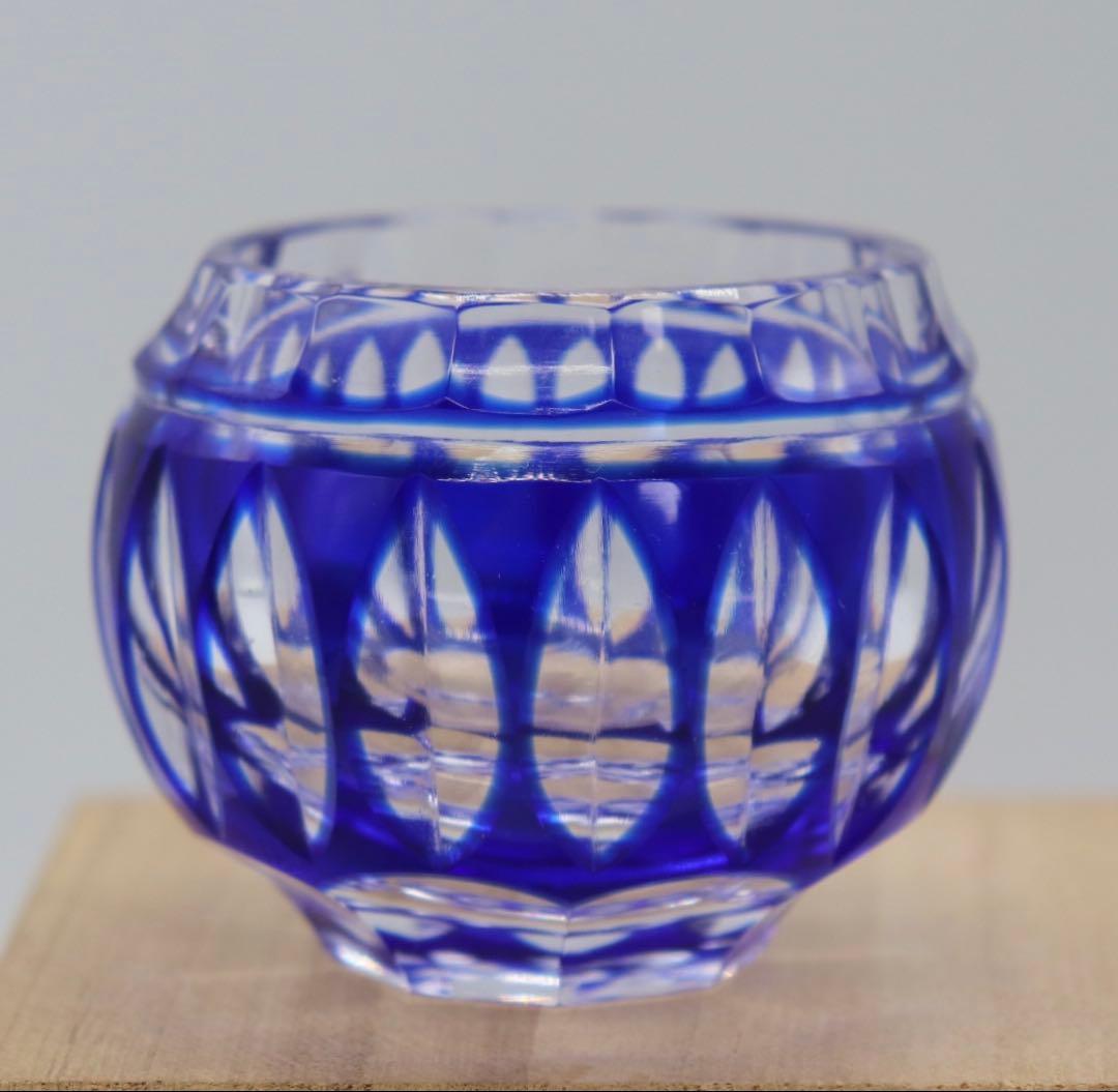 未使用　薩摩切子ガラス　藍　共箱　送料込み250525