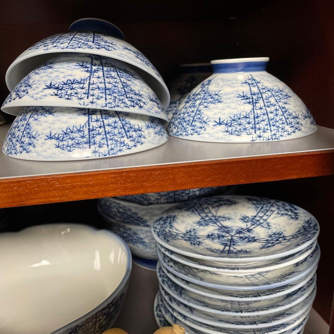 青い竹柄陶器食器セット ９点10セット