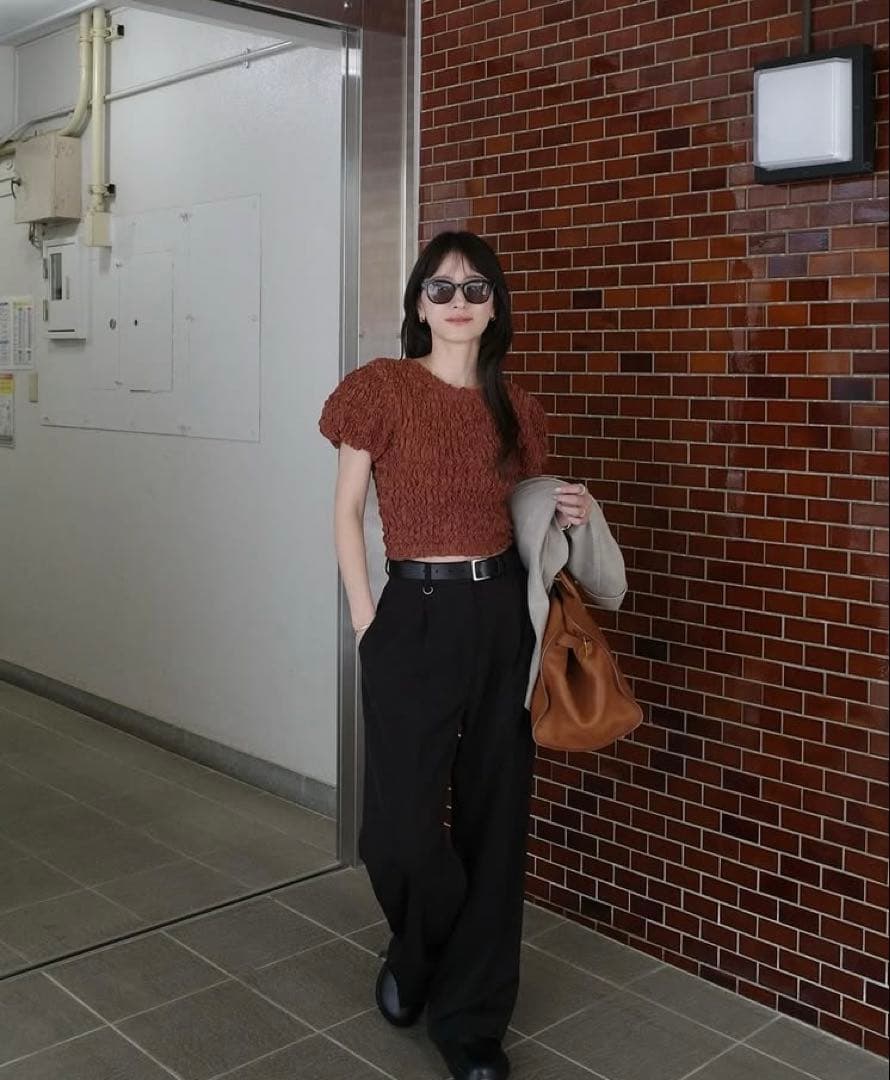 【CLANE 】 W FACE SHIRRING TOPS BROWN