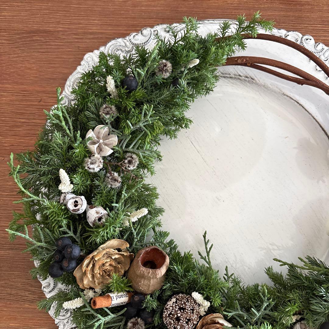 【お値下げ中】コニファーのリース　コットン　ドライフラワー