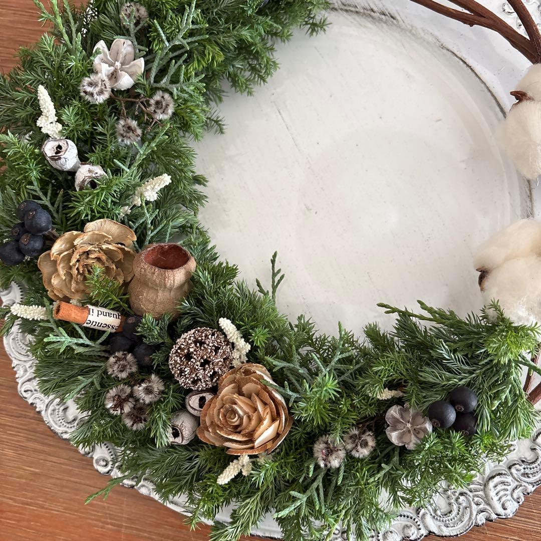【お値下げ中】コニファーのリース　コットン　ドライフラワー