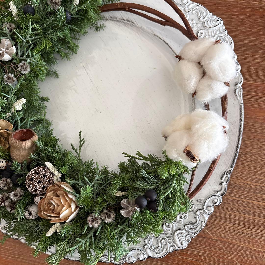 【お値下げ中】コニファーのリース　コットン　ドライフラワー