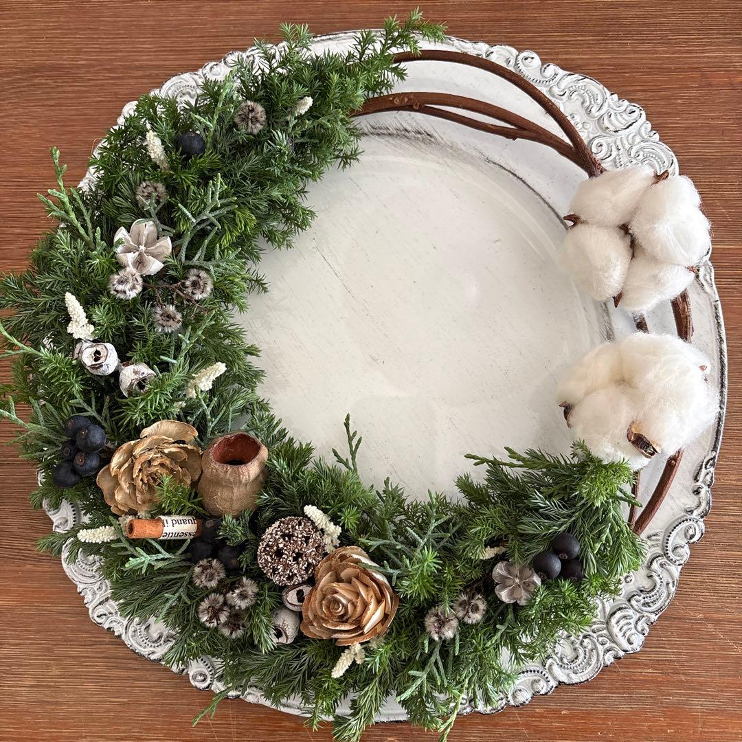 【お値下げ中】コニファーのリース　コットン　ドライフラワー