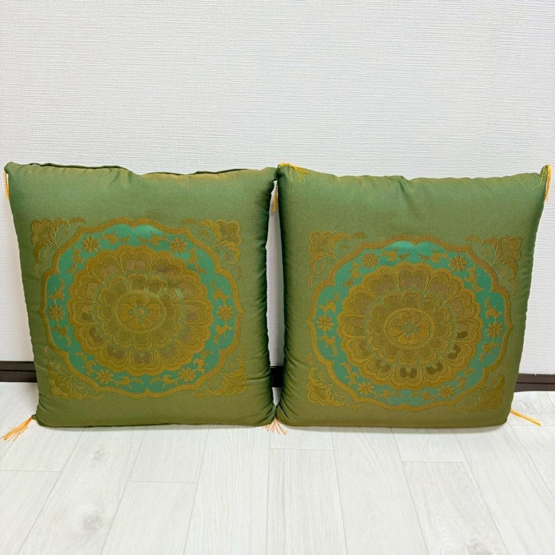 【高級金襴座布団 9枚セット】深緑×金 和風柄 法要 寺院 旅館 座布団セット