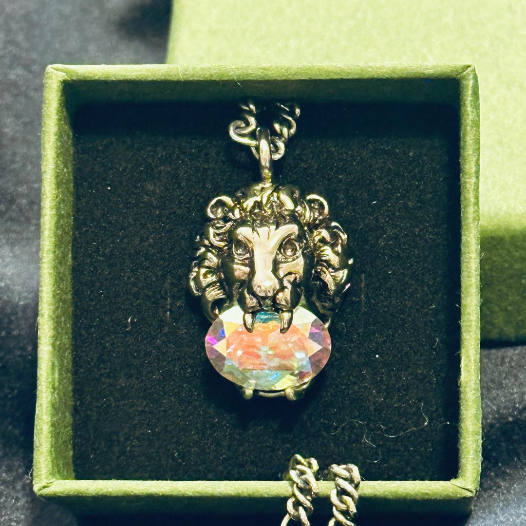 GUCCI グッチ メタルクリスタル ライオンヘッド ロングネックレス シルバー