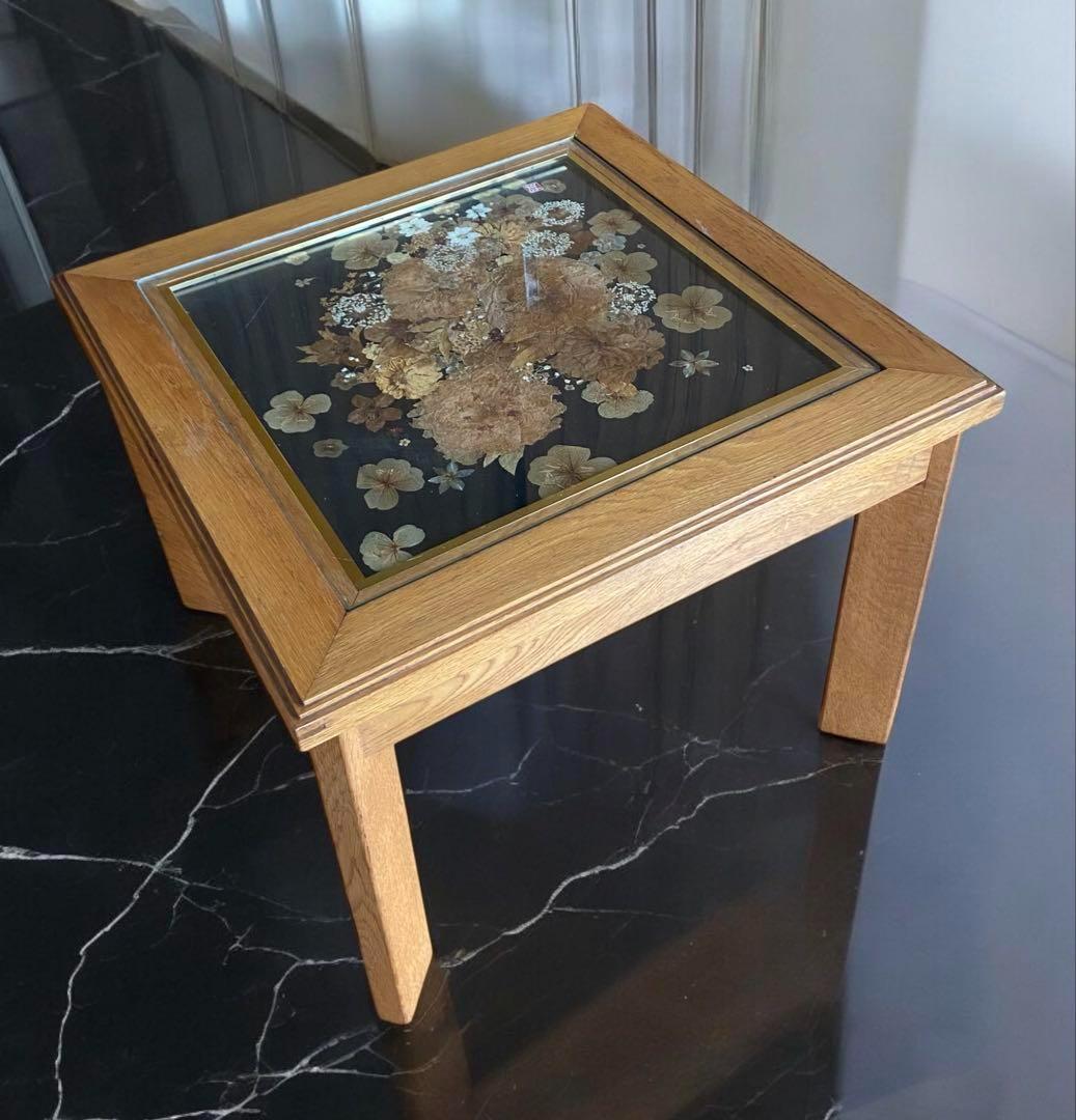 アンティーク★銘入りの押し花天板テーブル　美しい押し花作品を惜しげもなく天板に