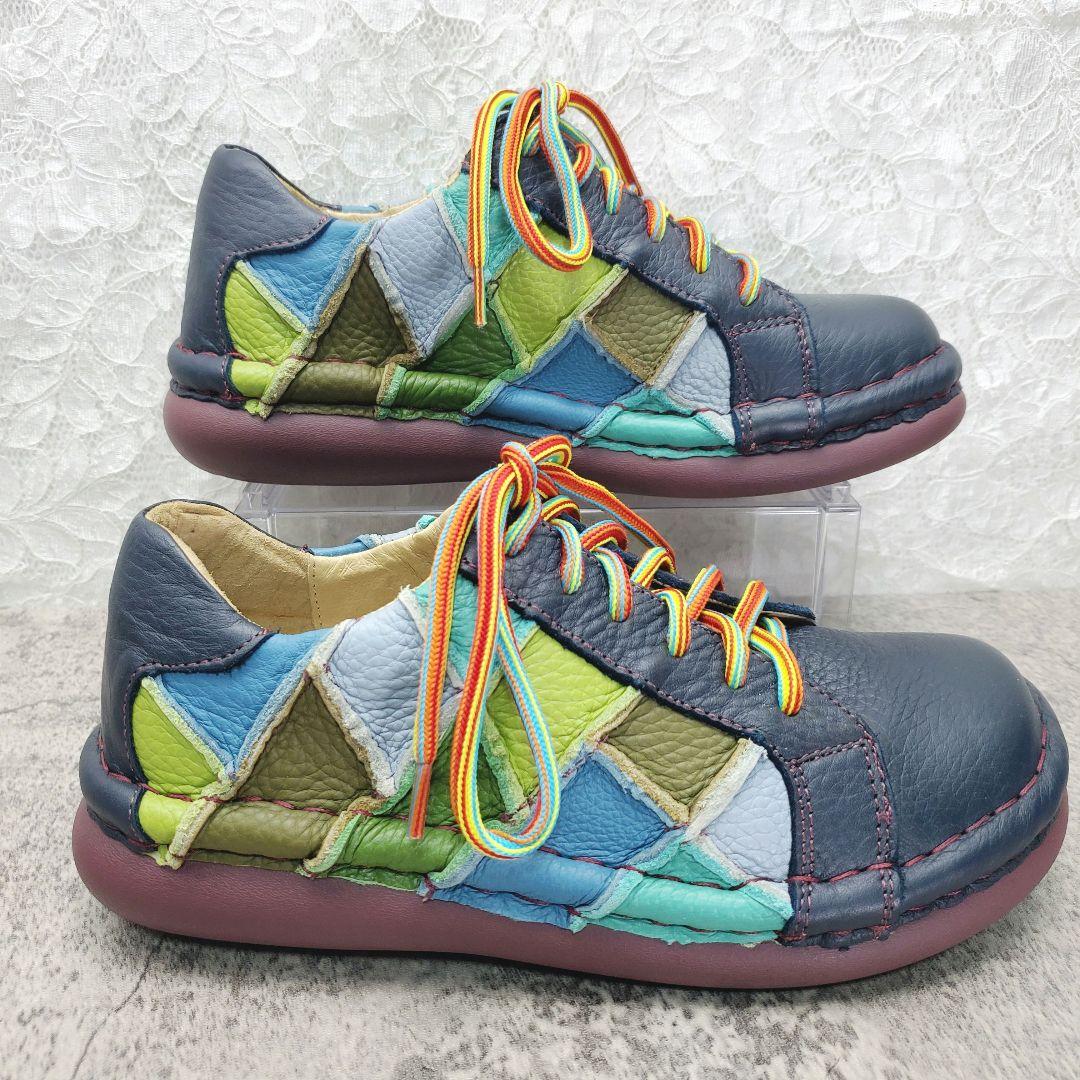 ​美品✨エスタシオン✨本革 パッチワーク 厚底スニーカー マルチカラー M