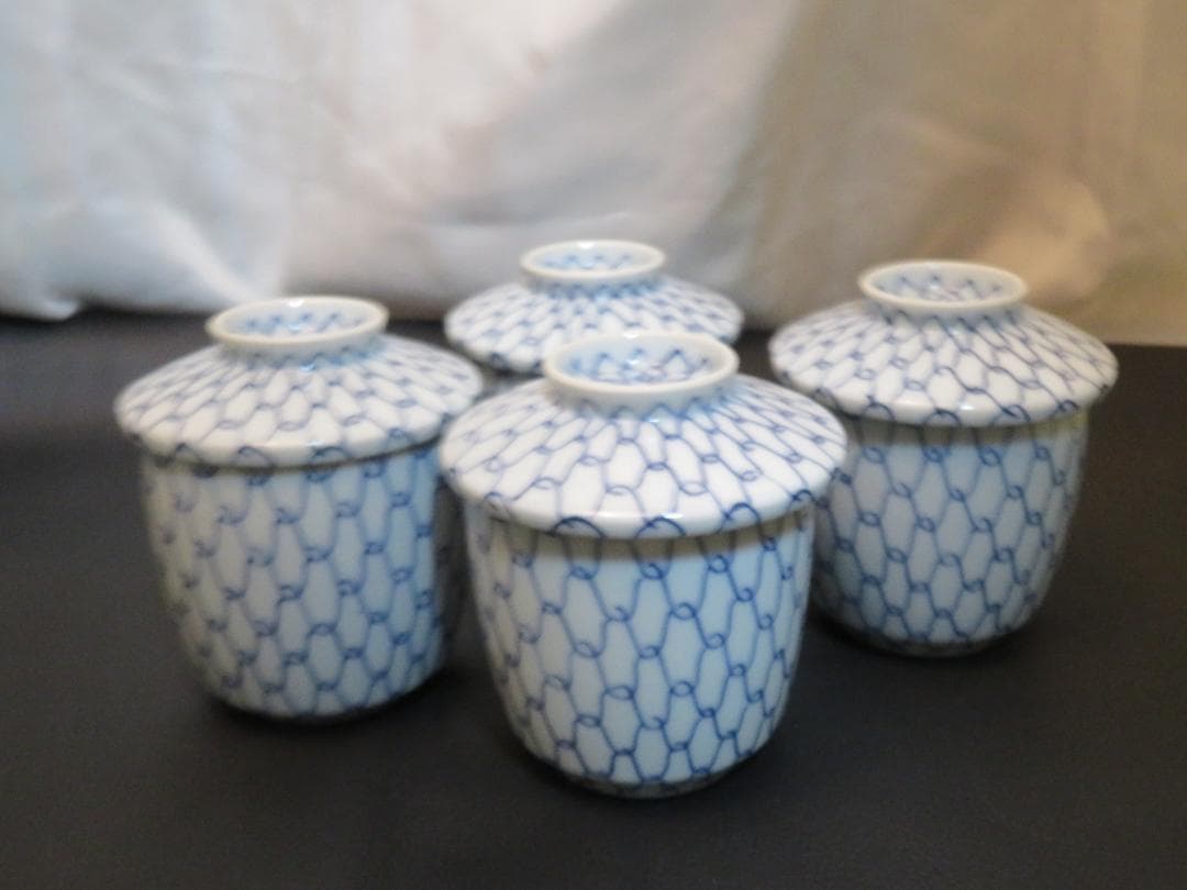 ◆401◆青網蓋付湯呑 芳山 網目　4客 和骨董 japanese craft