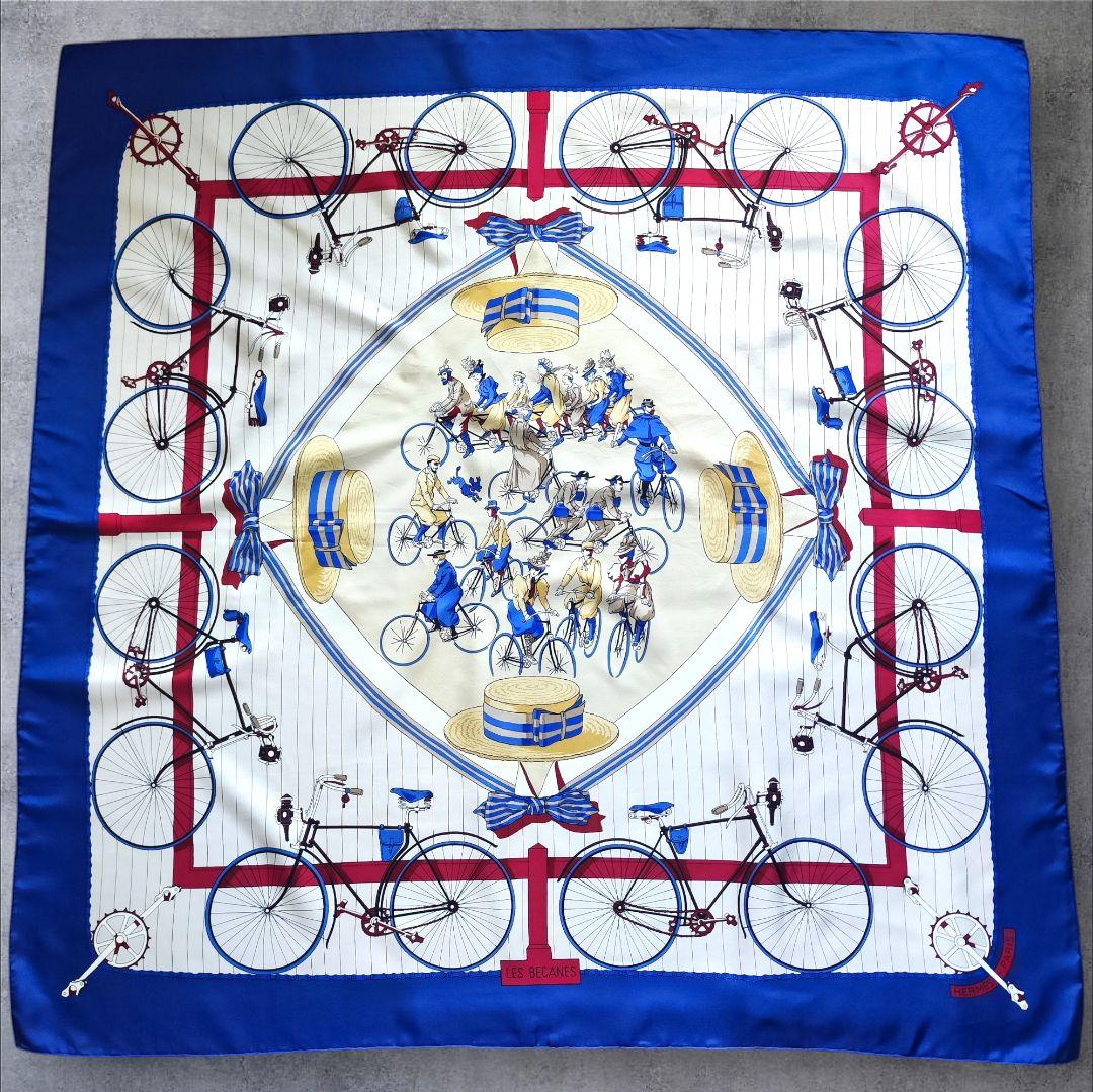 【美品】HERMES エルメス カレ90 LES BECANES 自転車 ブルー