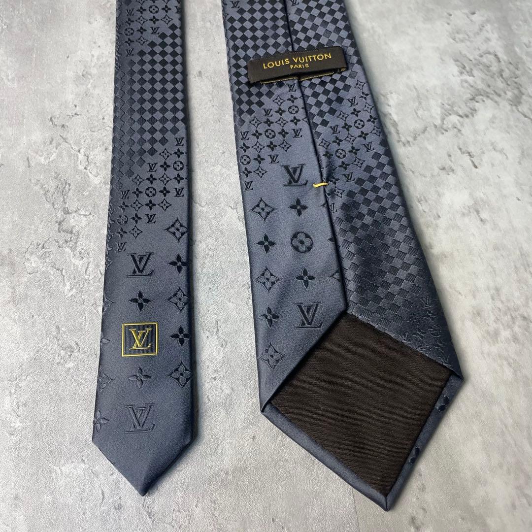 極美品 LOUIS VUITTON ジャガード ミックスモノグラム ネクタイ 銀