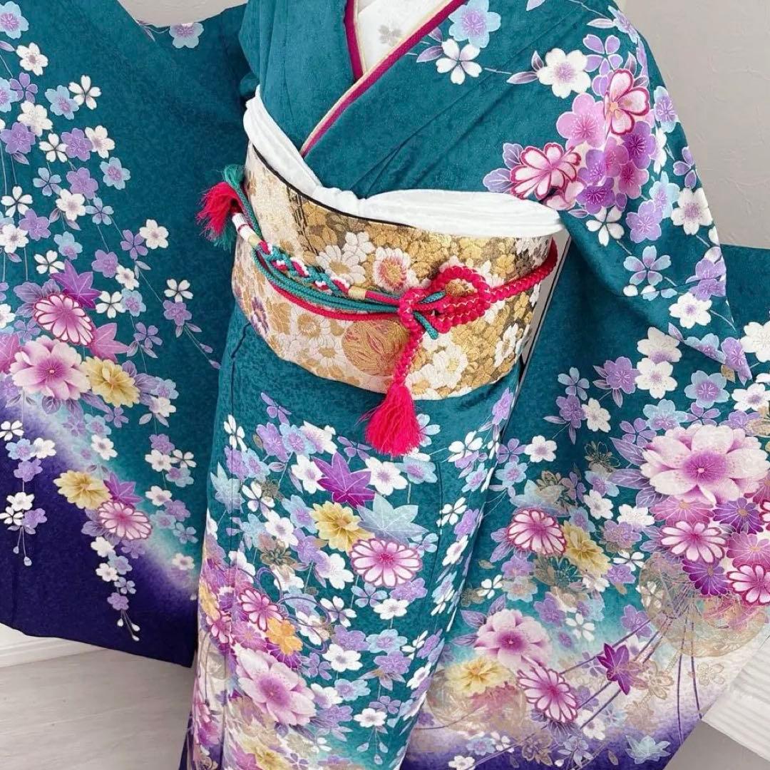 未使用に近い　正絹振袖フルセット　ガード加工有り　緑グラデーション　成人式
