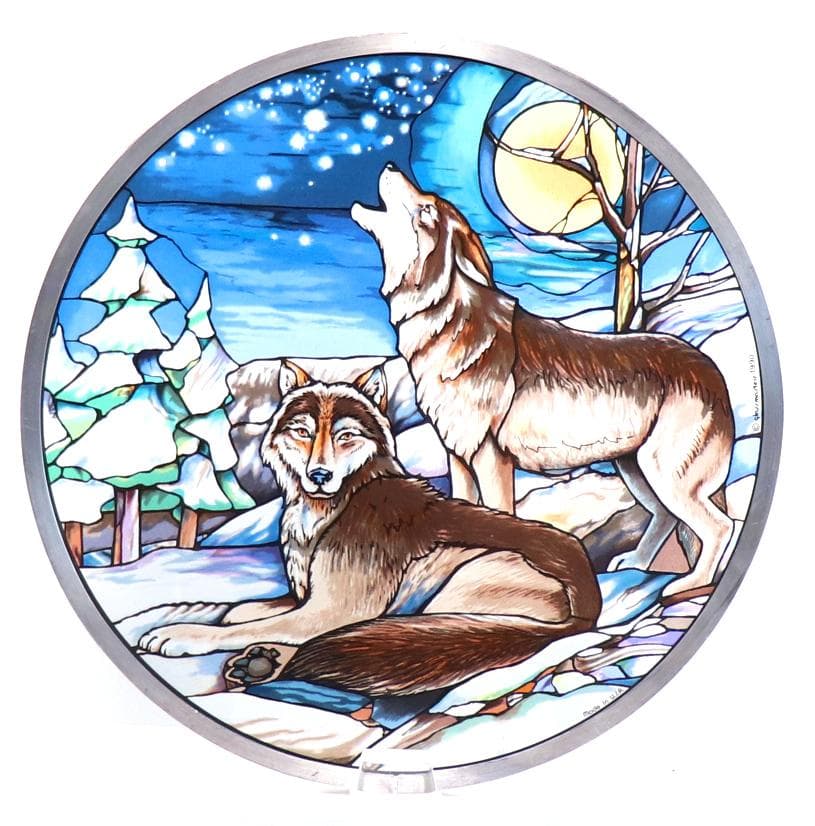 夜の雪景色と二匹の狼 ヴィンテージ ステンドグラス 大型 グラスマスターズ社