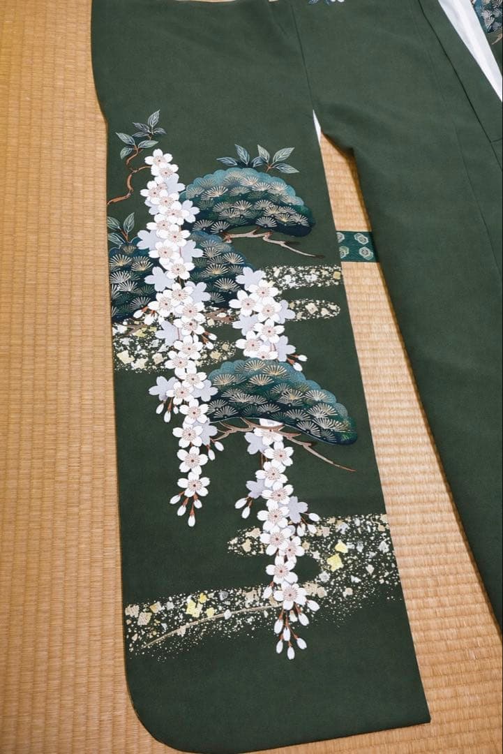 振袖フルセット 緑色 花柄 振袖 赤い帯 ファーあり （靴カバン付き）