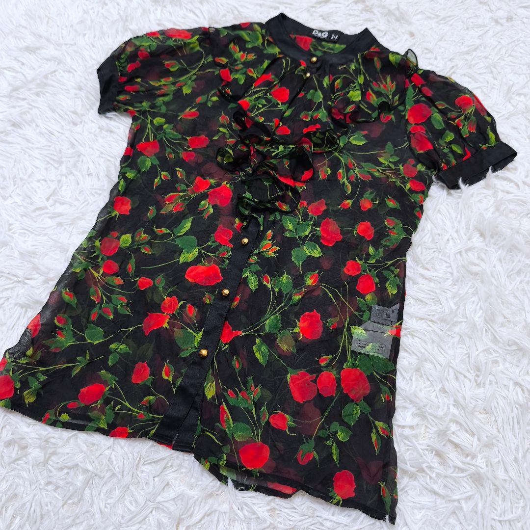 【美品】DOLCE＆GABBANA ドルガバ シルク フリル 薔薇柄 ブラウス
