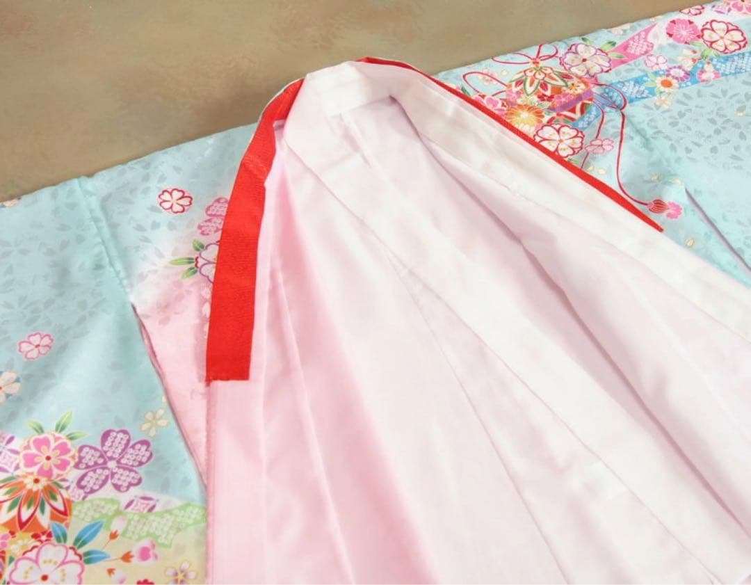 七五三着物セット7歳 絵羽柄水色ピンク三色ぼかし染め着物