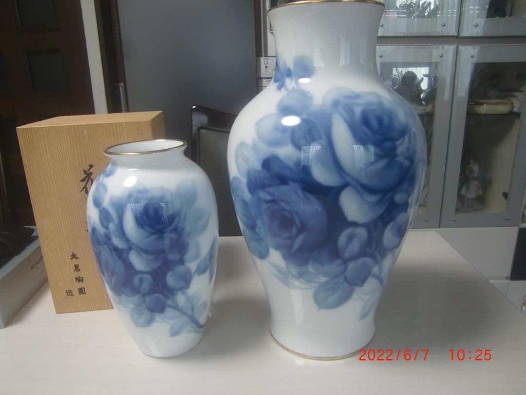 大倉陶器　ブルーローズ花瓶　2点　36+23cm　インテリア　ノリタケ　Ｄ67
