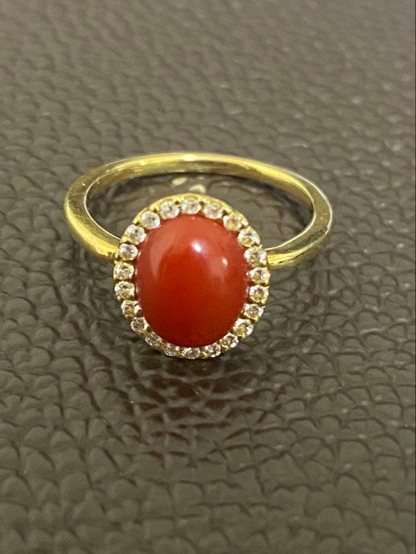 K18 赤い珊瑚ダイヤ リング　18金　ダイヤ0.14