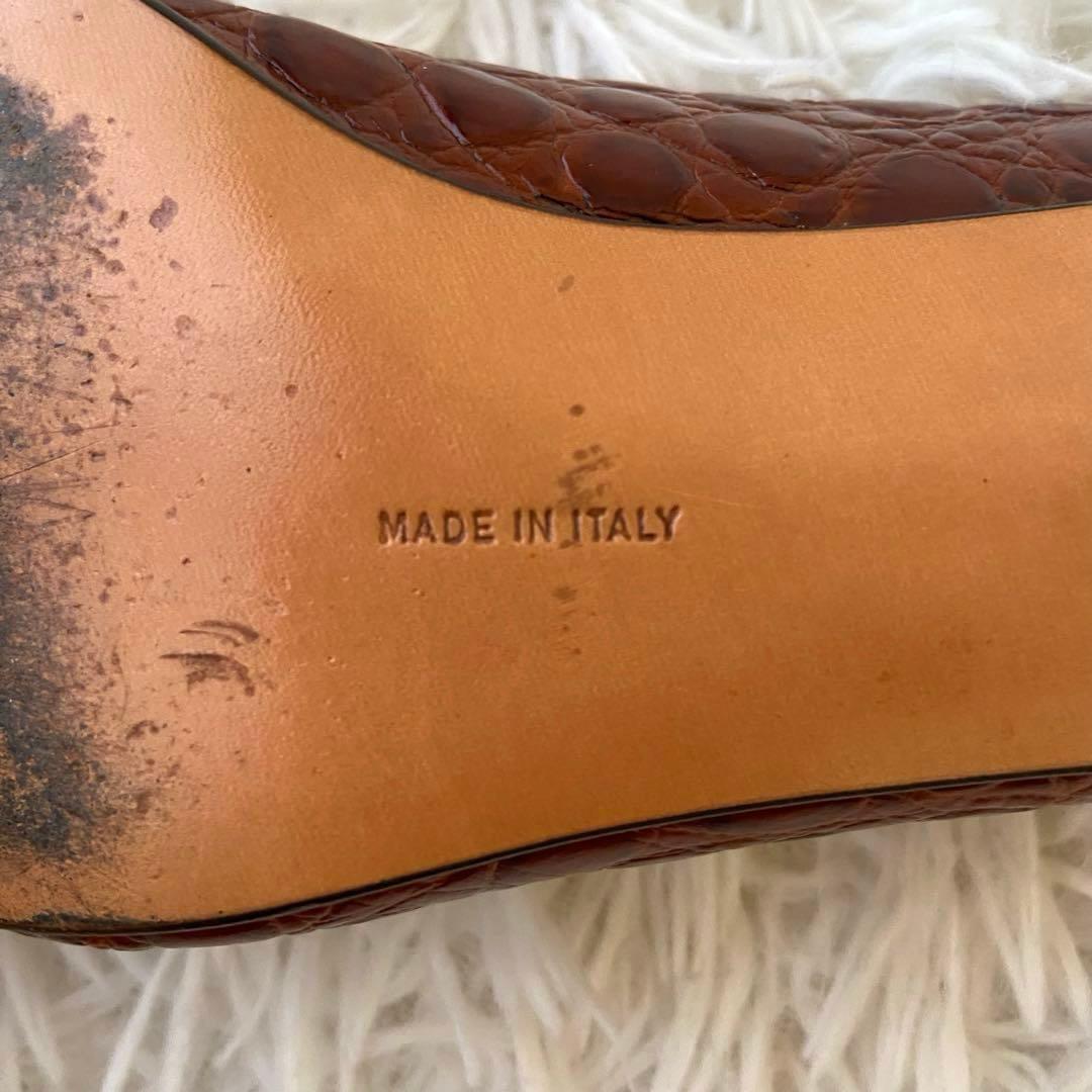 極美品✨サルバトーレフェラガモ クロコ型押 ヴァラリボン パンプス 茶