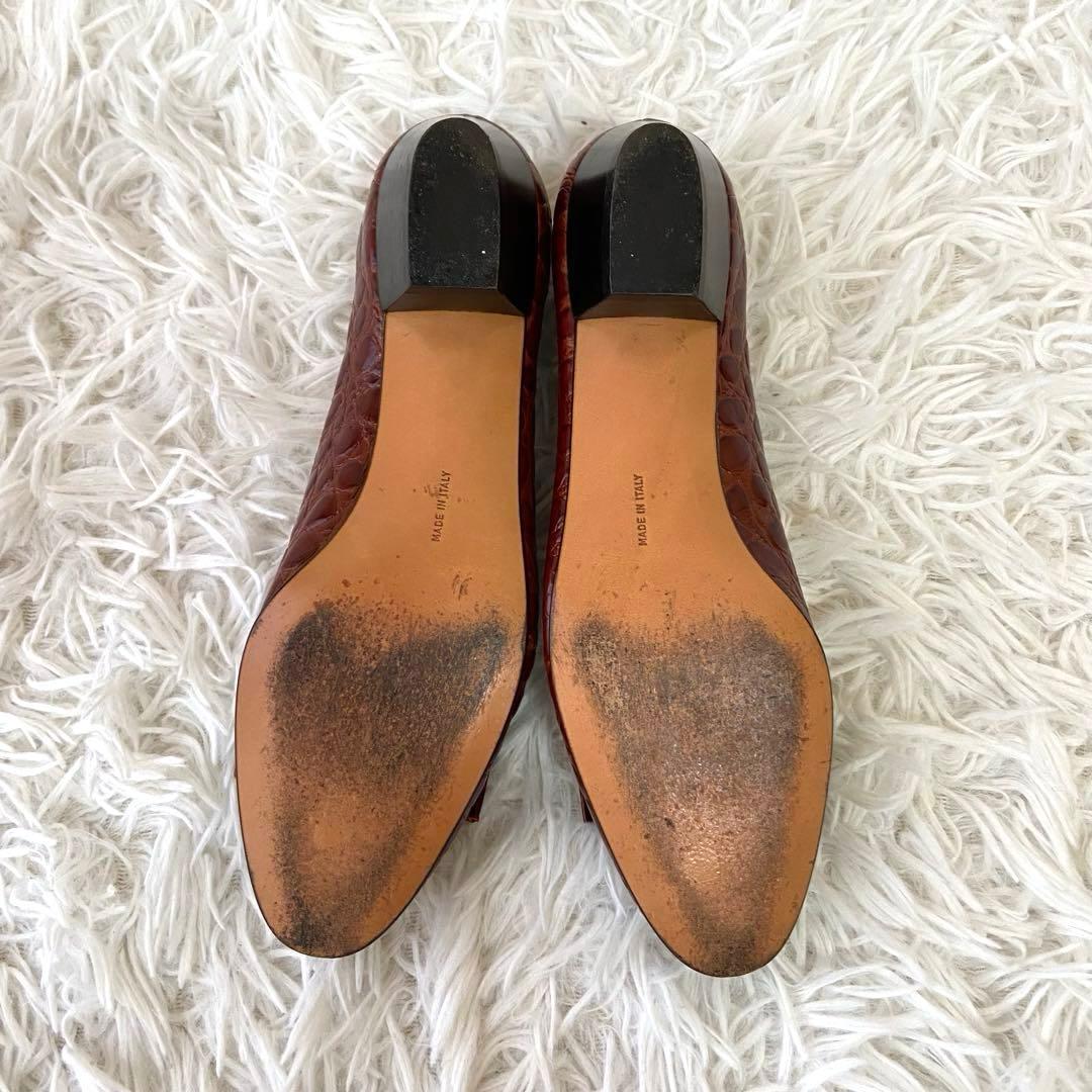 極美品✨サルバトーレフェラガモ クロコ型押 ヴァラリボン パンプス 茶