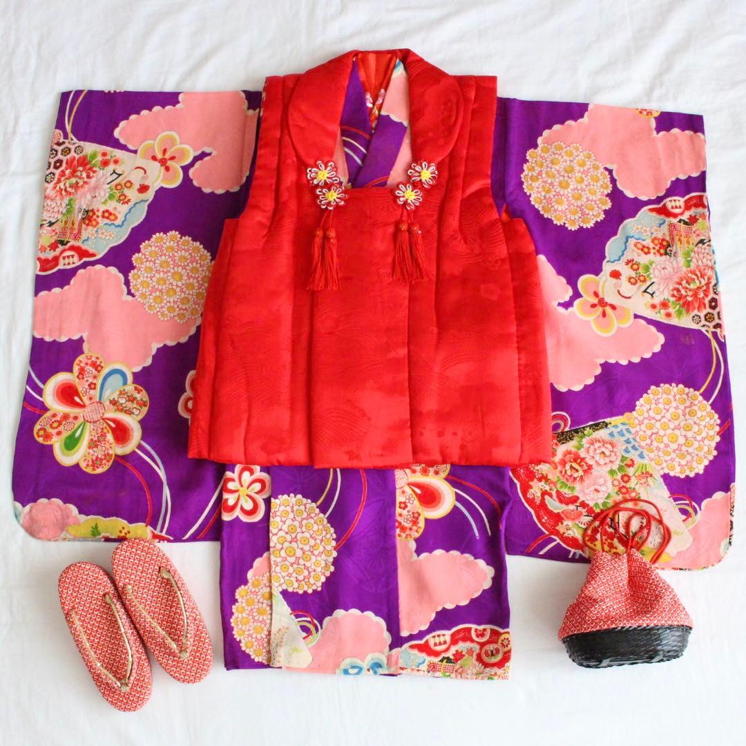 七五三 3歳 子供 女の子 アンティーク 紫 正絹 着物 被布 セット