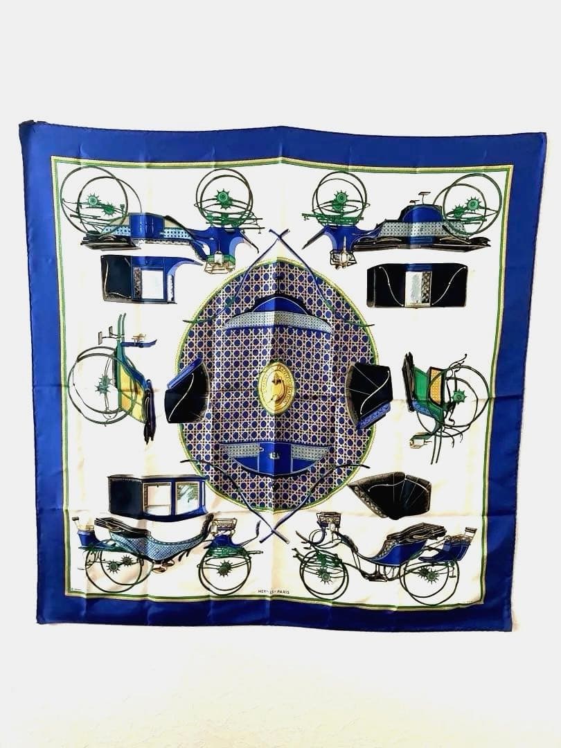 HERMES/エルメス スカーフカレ90 折りたたみ式幌の馬車　白×青
