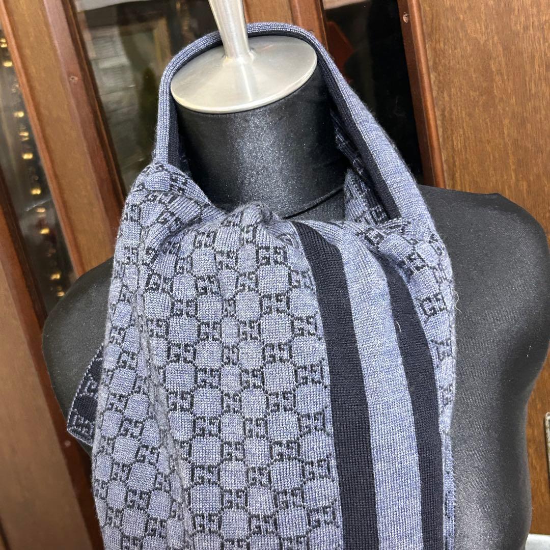 た*こ様 71605 Gucci ネイビー GG柄　ストライプ ウールマフラー