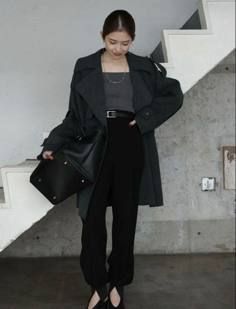 anuans リバーウールミドルトレンチコートチャコールグレー