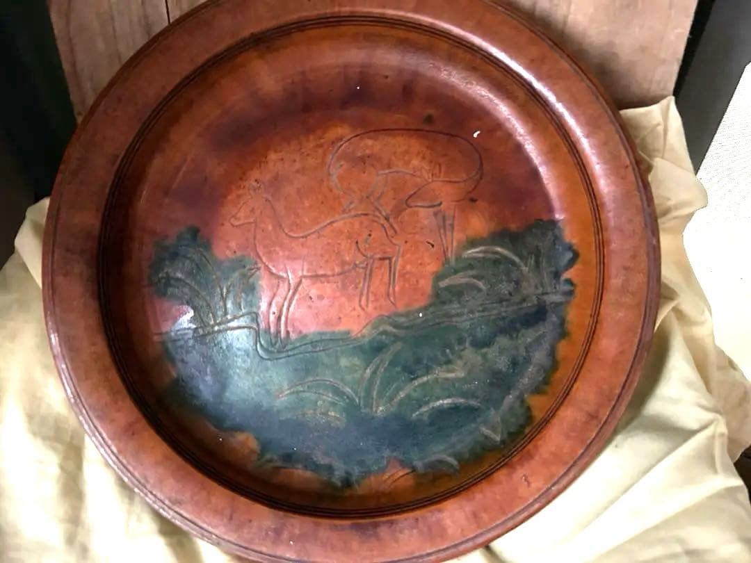 中国古美術/漢時代ニ彩鹿の図皿/絵皿