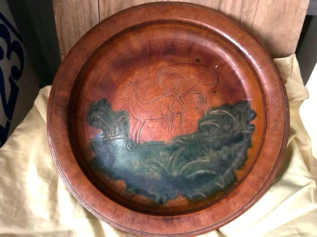 中国古美術/漢時代ニ彩鹿の図皿/絵皿