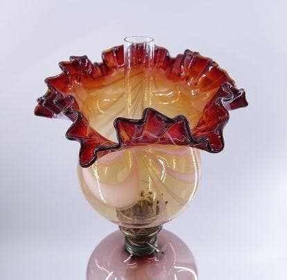 北一硝子 オイルランプ 紫×赤 フリル ガラス フリルシェード